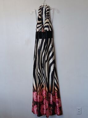 Black & White Zebra-Print Maxi Dress with Pink Floral Hem